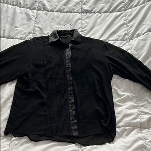 Dynamite Black Satin-Trim Pintuck Button-Down Shirt (tuxedo style)